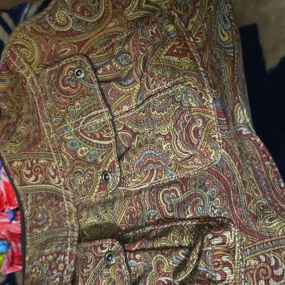 Fossil Paisley Shoulder Bag Purse Tapestry Twill Brown Leather Trim Boho Hipster